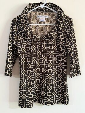 Gretchen Scott Jersey Medium Top Geometric Ruffle Collar 3/4 Slv Black Resort